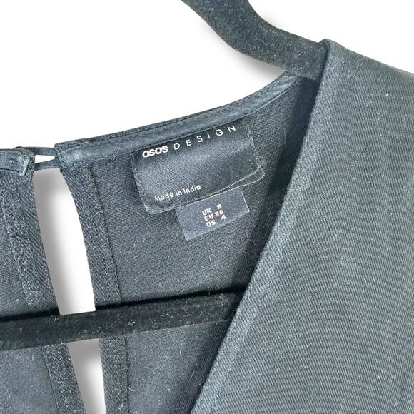 ASOS Design Soft Black Denim V-Neck Puff Sleeve Tie Waist Wide Leg Jumpsuit - Picture 5 of 8